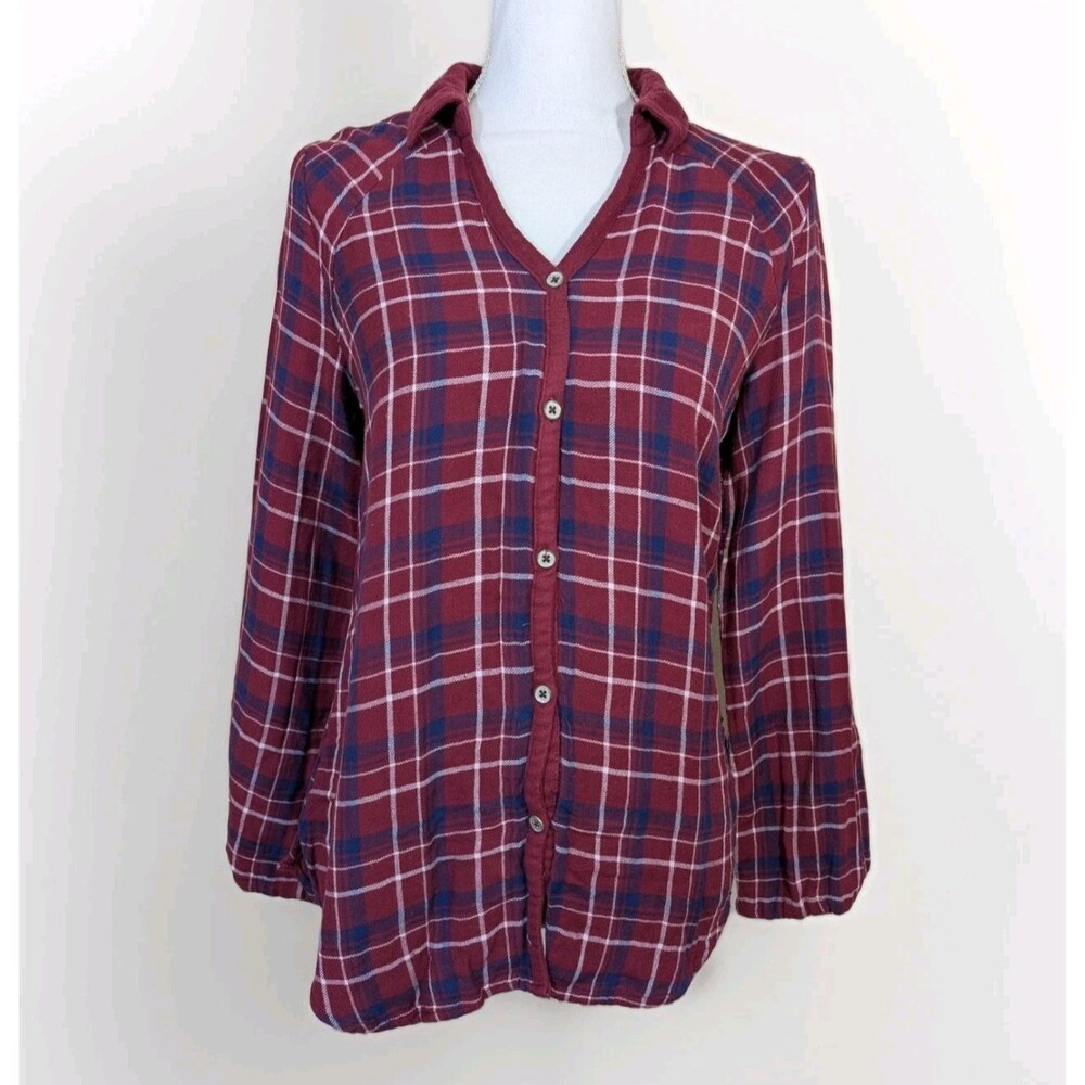Saturday Sunday Anthropologie Top S Maroon Plaid Button Up Roll Tab Boho Shirt